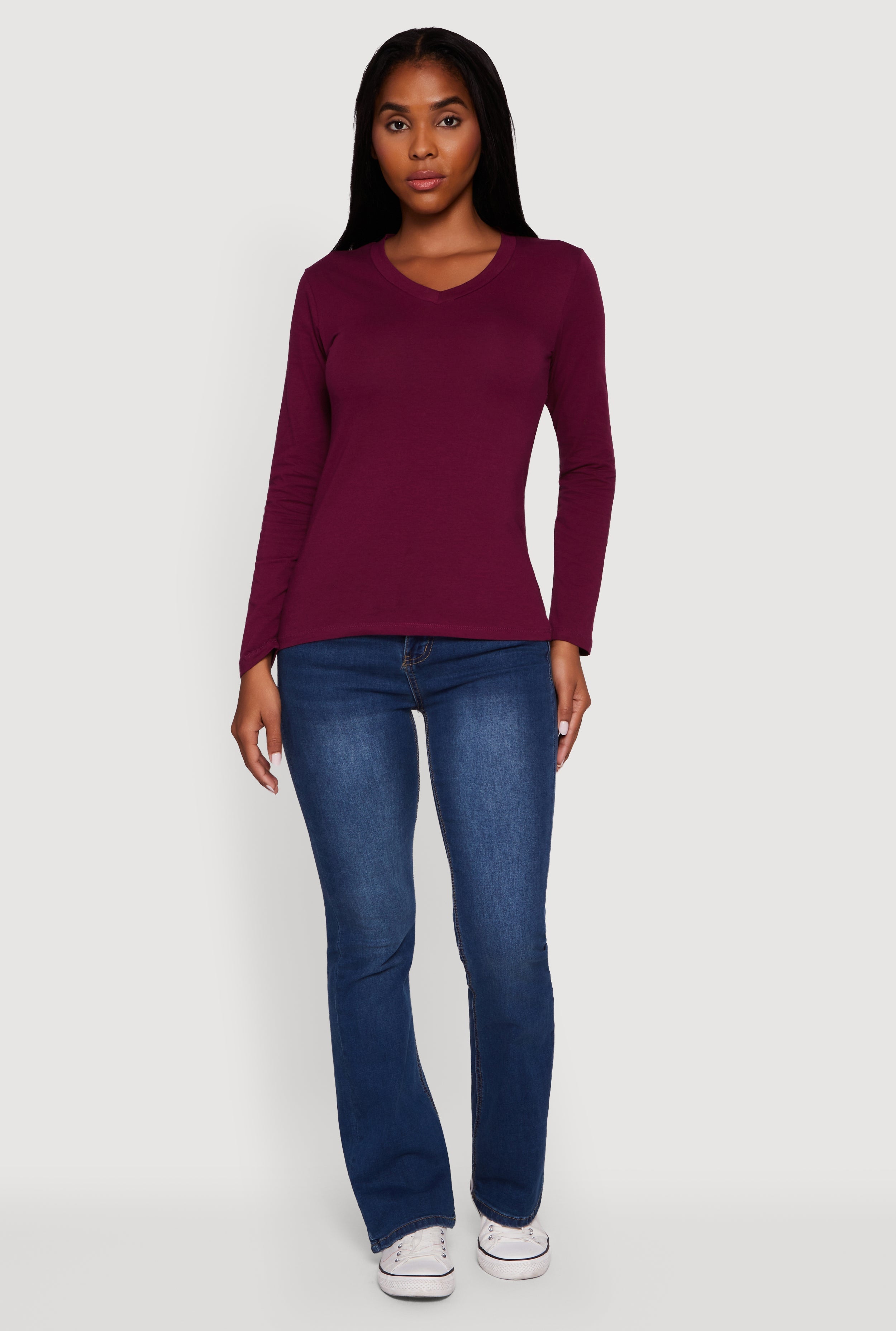 V-Neck Long Sleeve Solid T-Shirt