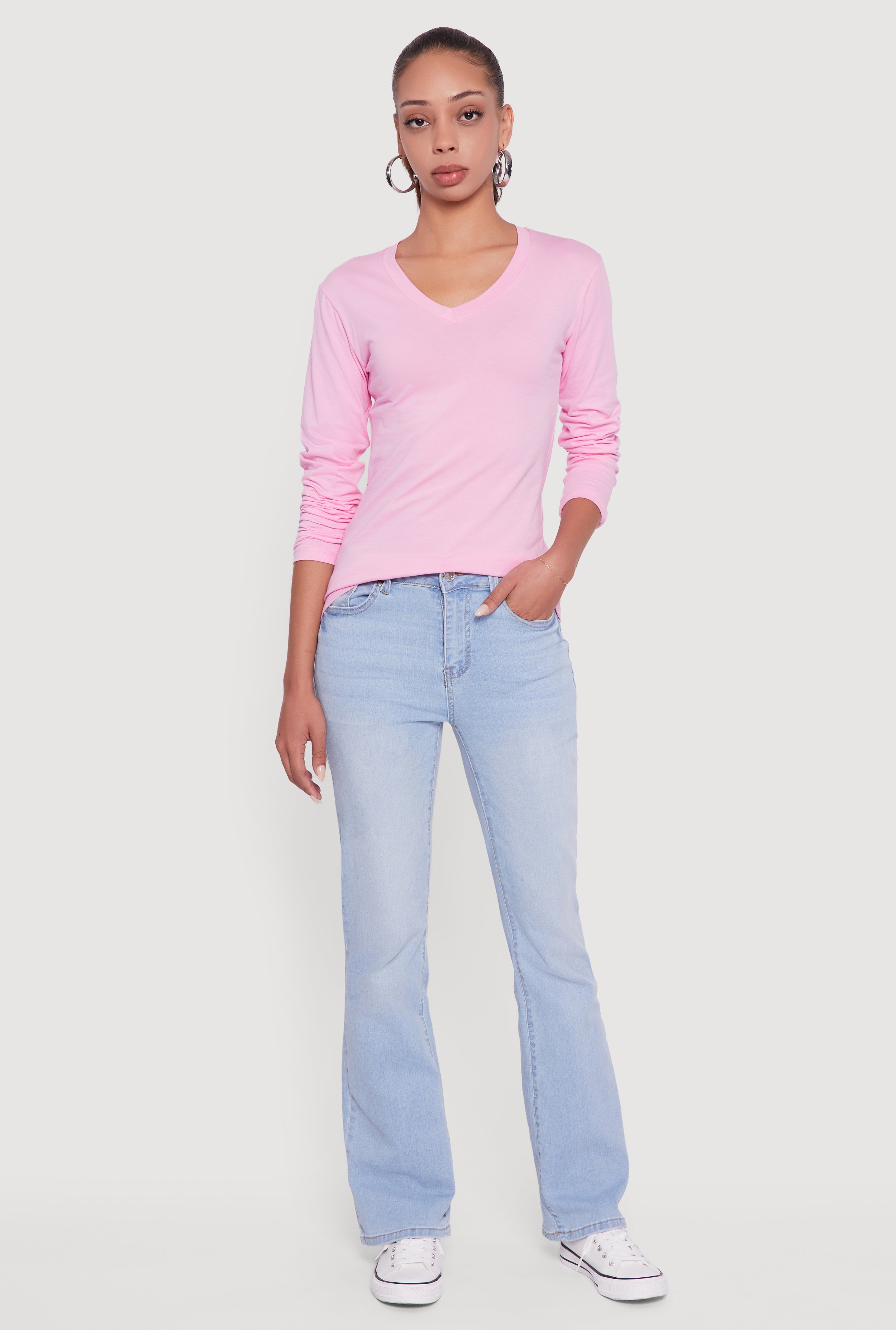 V-Neck Long Sleeve Solid T-Shirt