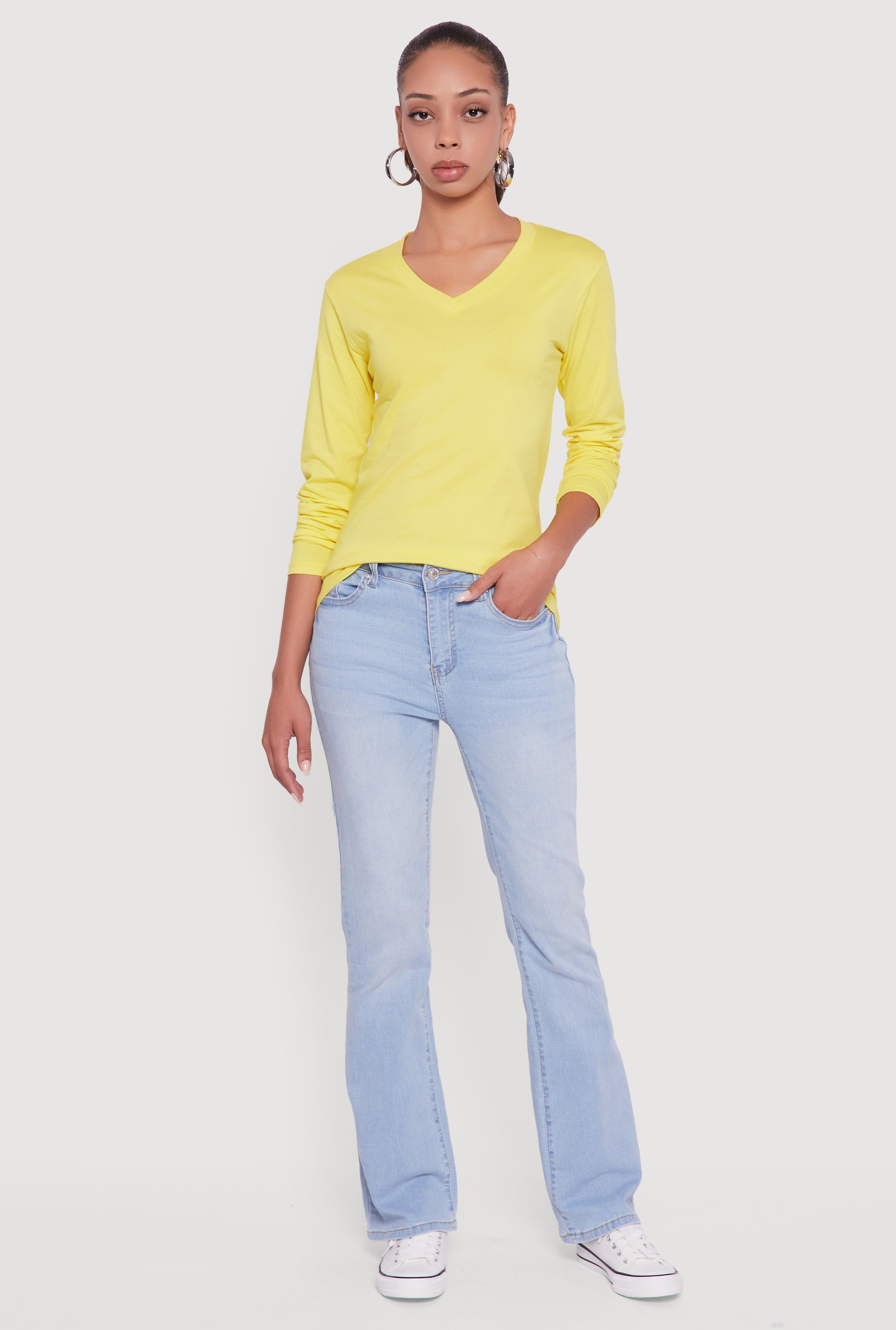 V-Neck Long Sleeve Solid T-Shirt