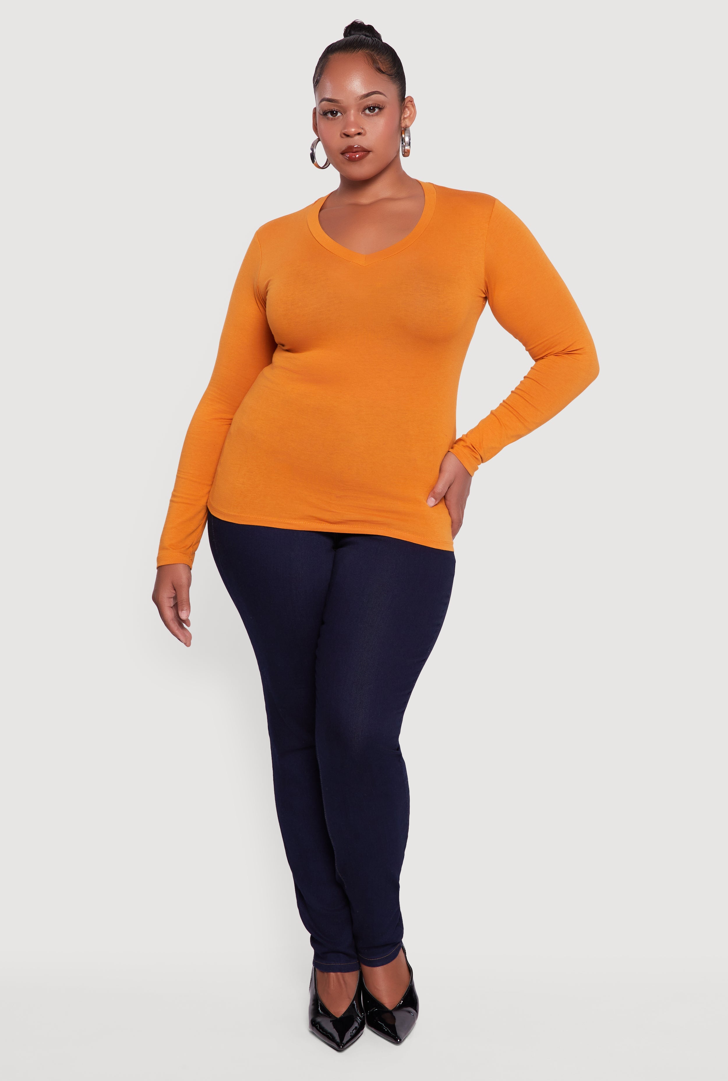 V-Neck Long Sleeve Solid T-Shirt