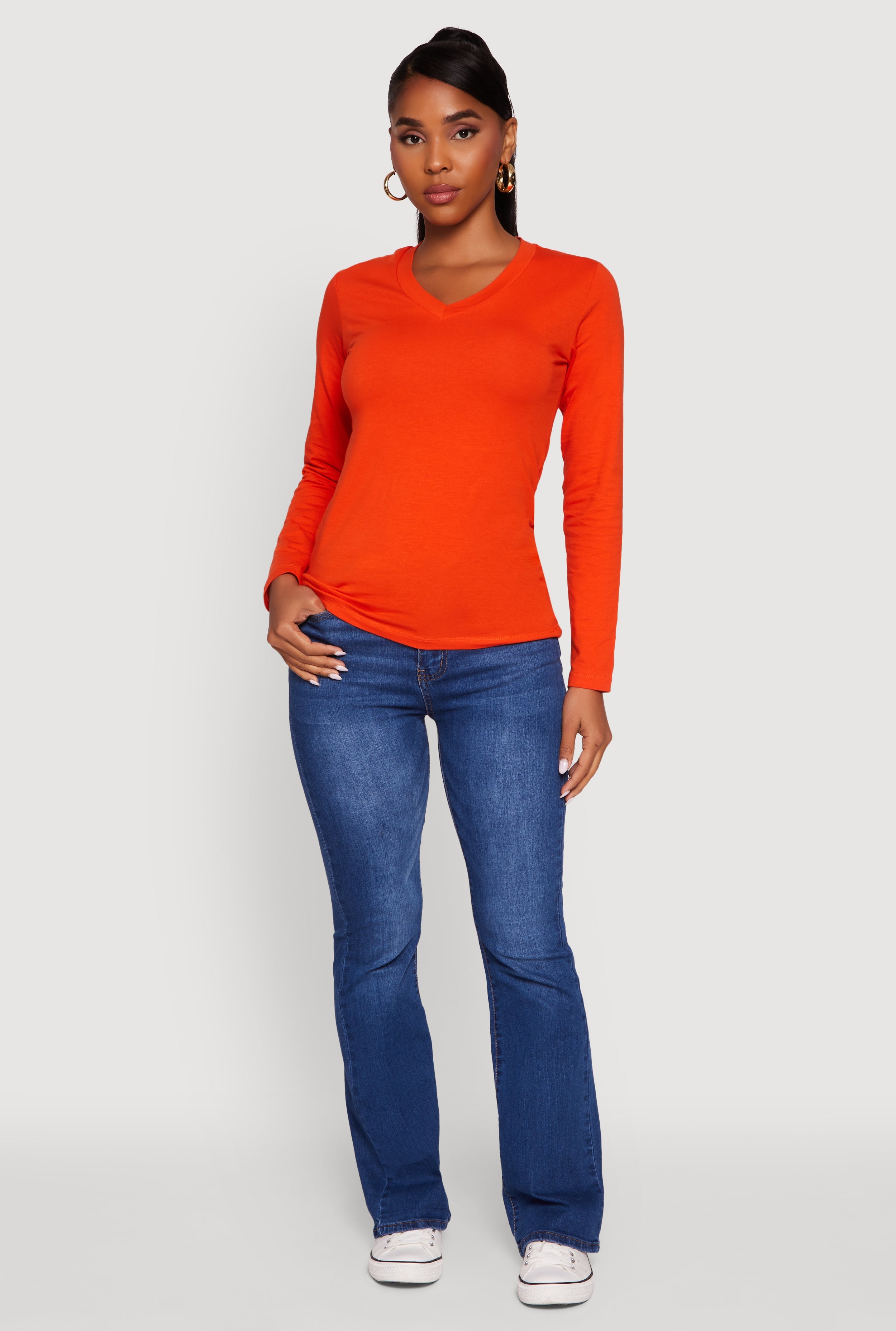 V-Neck Long Sleeve Solid T-Shirt