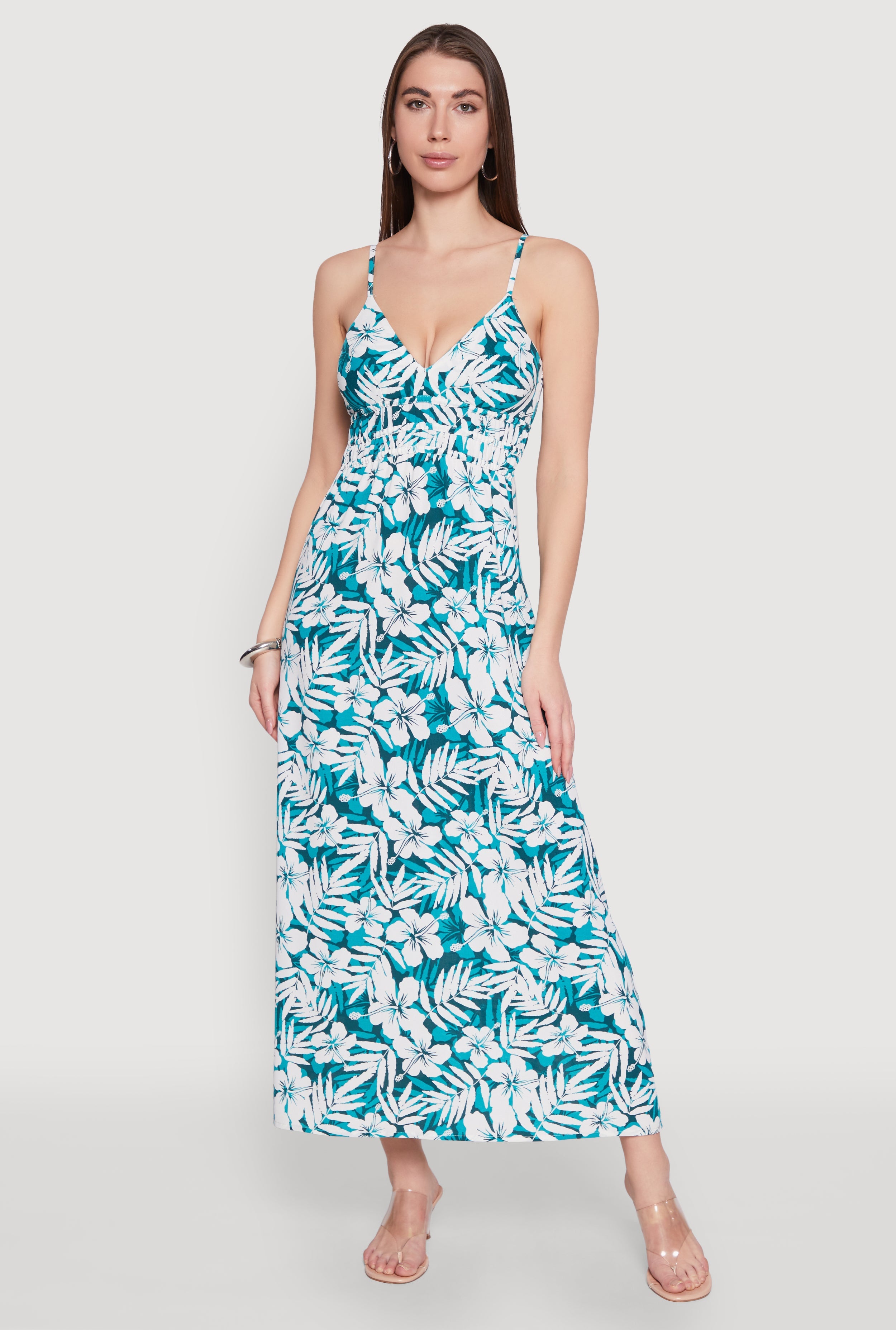 Tropical Floral Print Empire Waist Maxi Dress