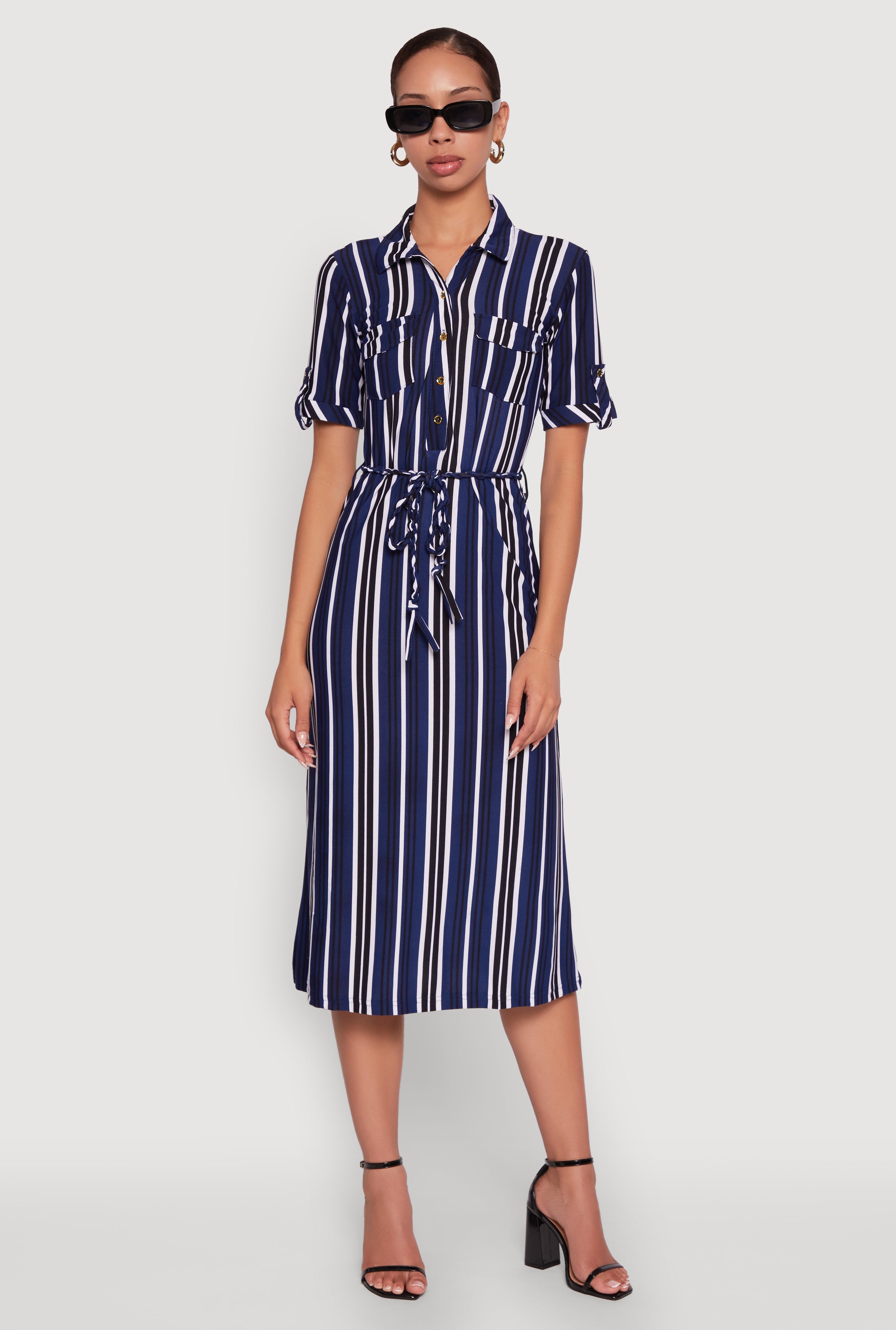 Trendy Half Button Tie Waist Striped Midi Shirt Dress