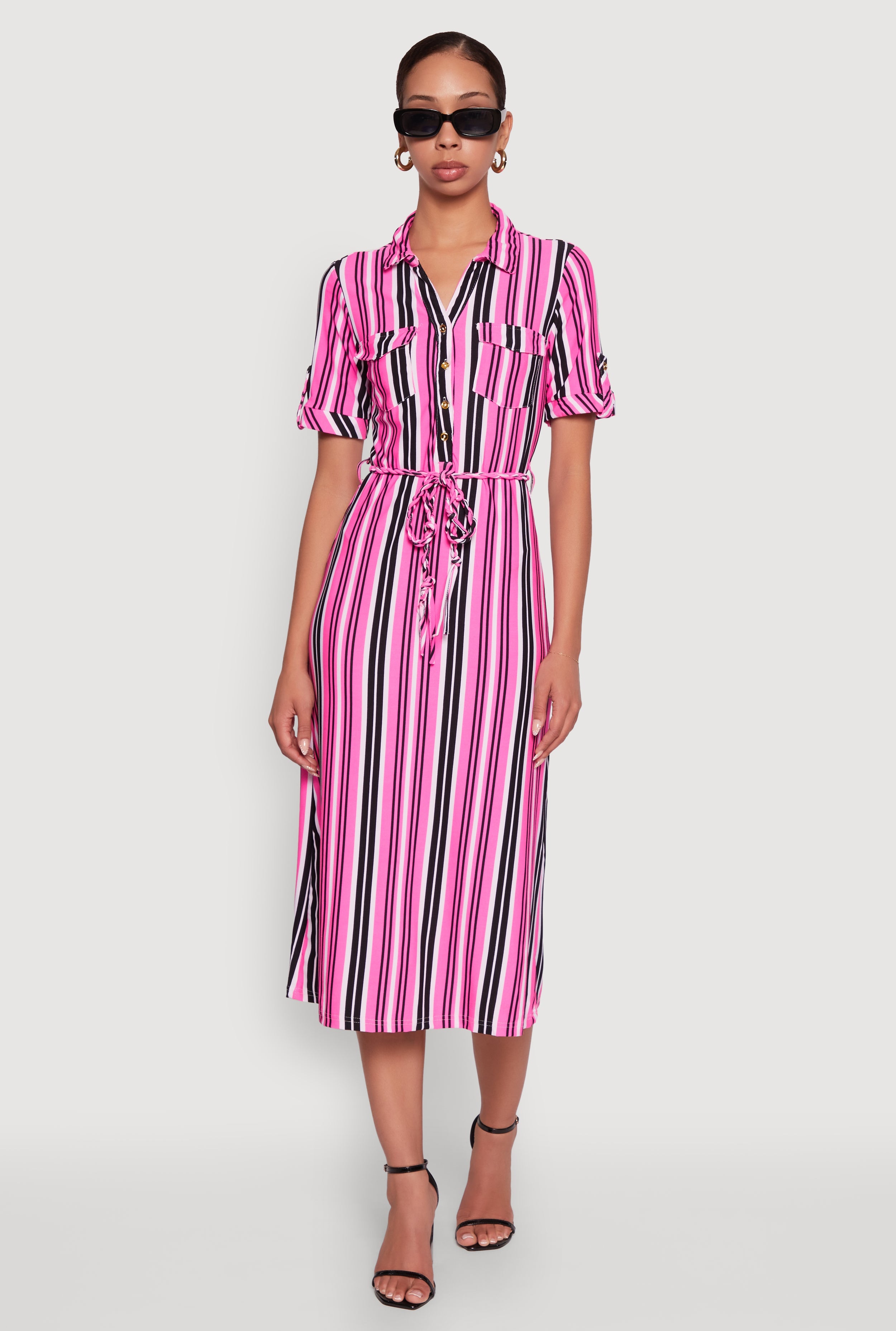 Trendy Half Button Tie Waist Striped Midi Shirt Dress