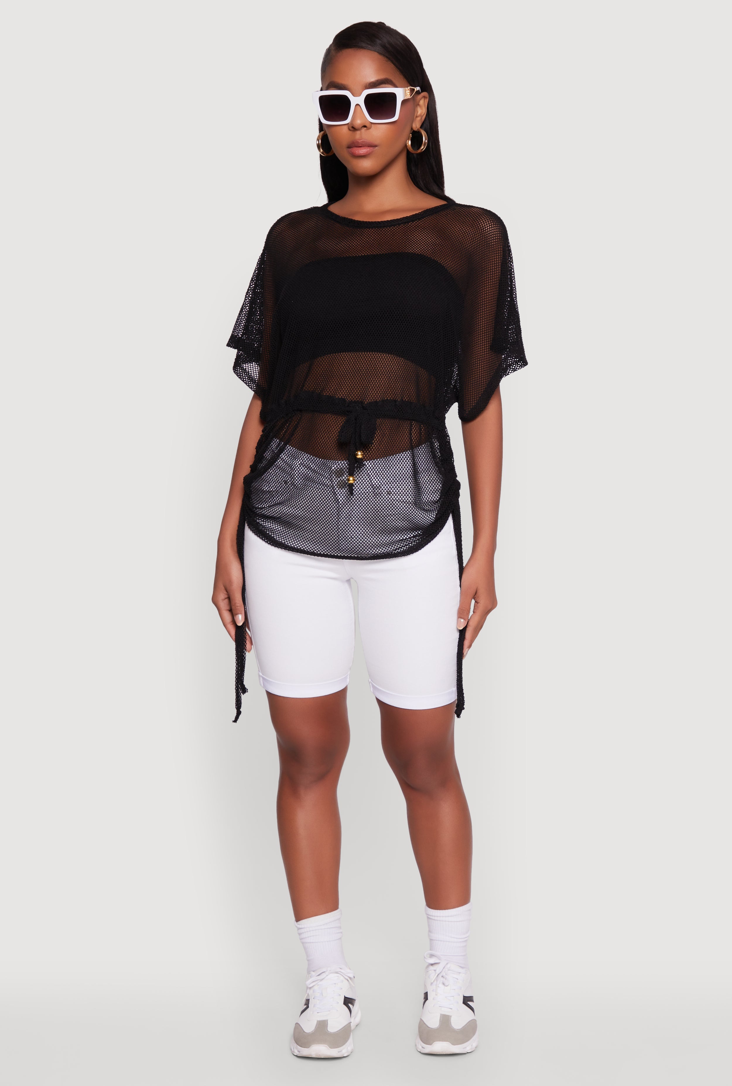 Trendy Fishnet Tunic Top with Drawstring Waist