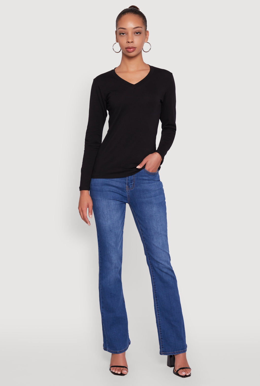 V-Neck Long Sleeve Solid T-Shirt
