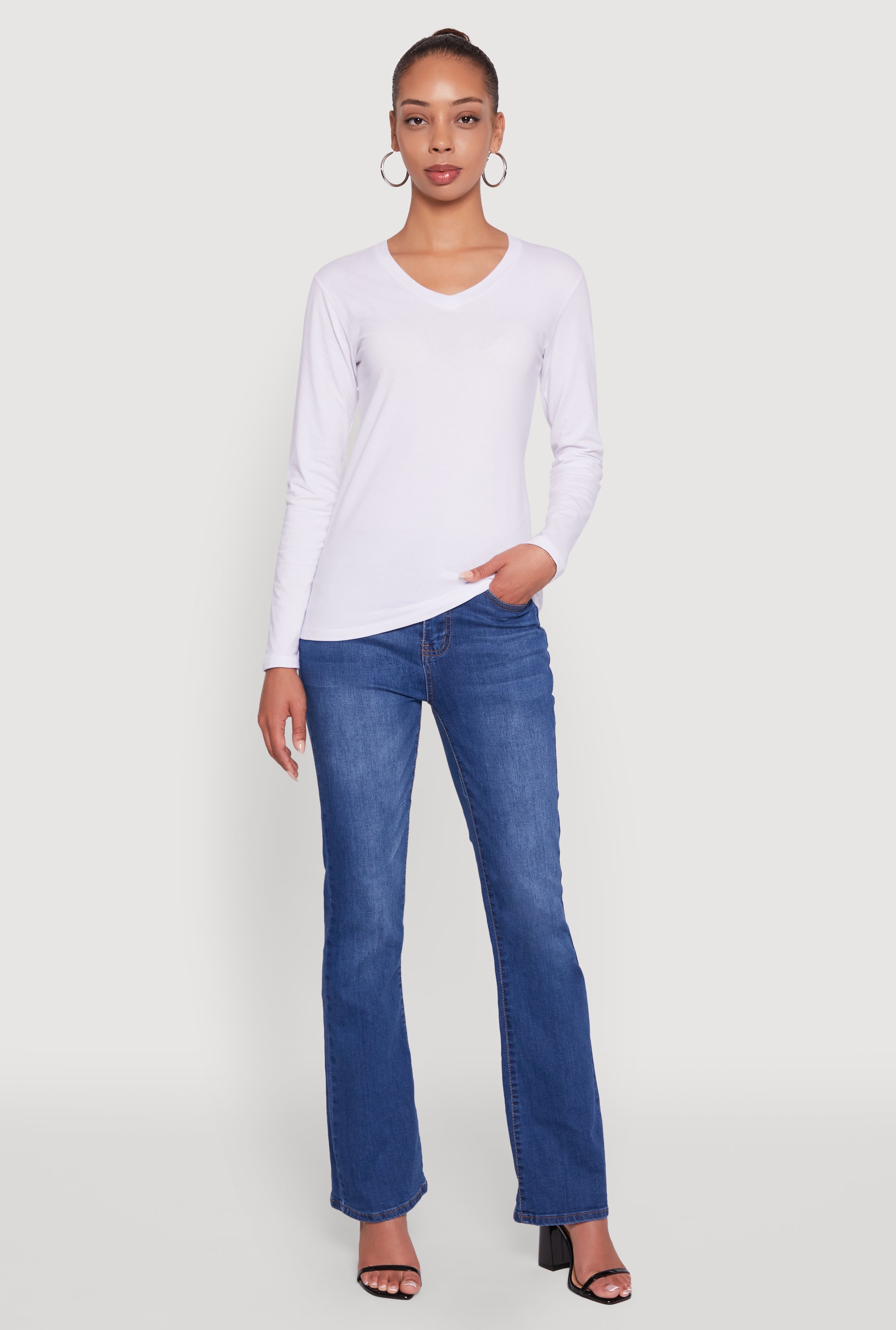 V-Neck Long Sleeve Solid T-Shirt