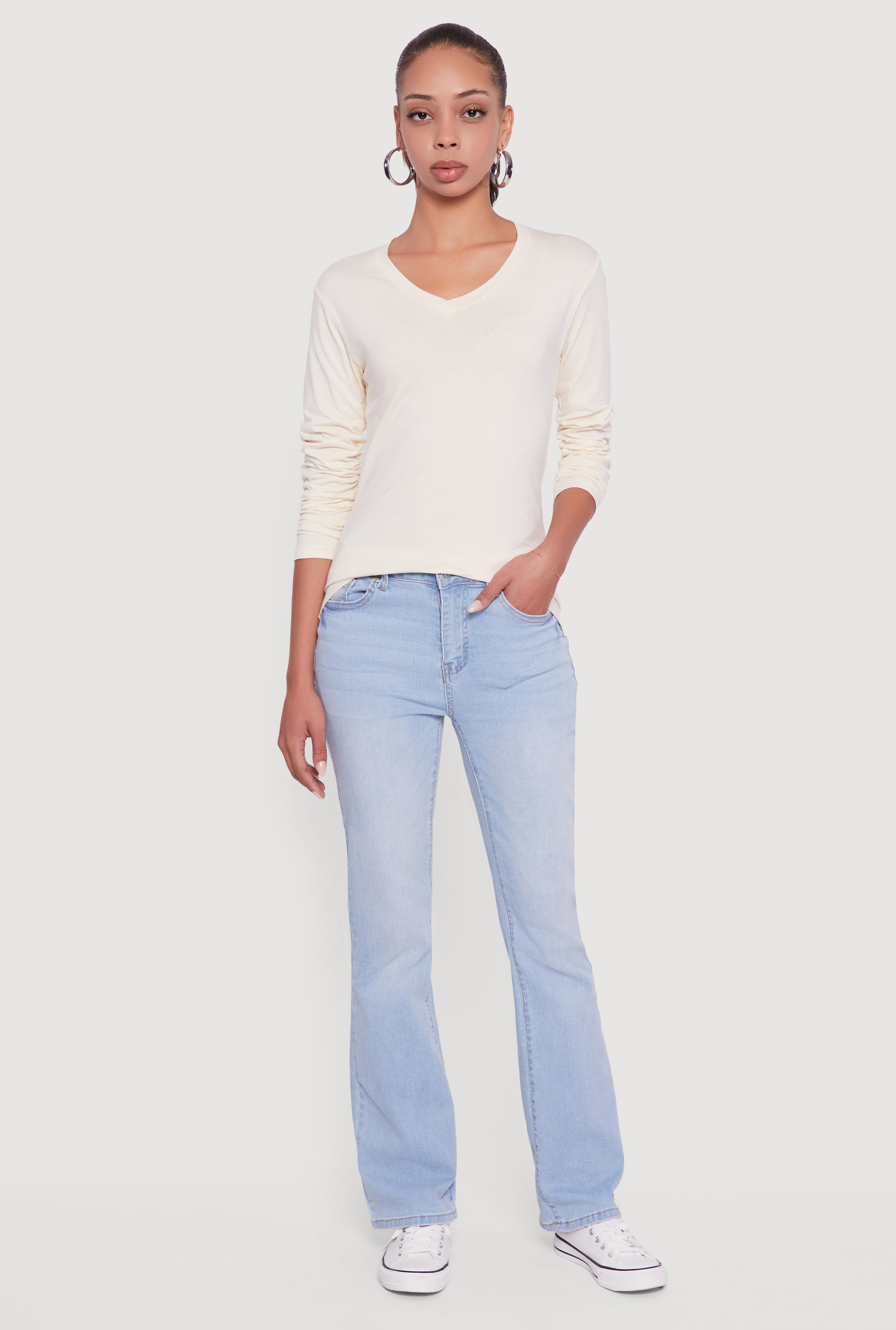V-Neck Long Sleeve Solid T-Shirt