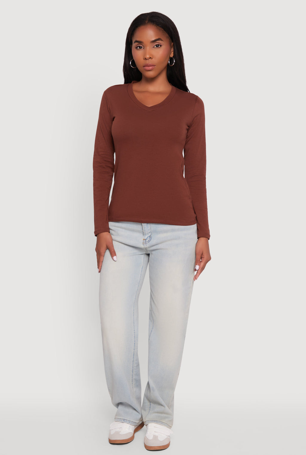 V-Neck Long Sleeve Solid T-Shirt