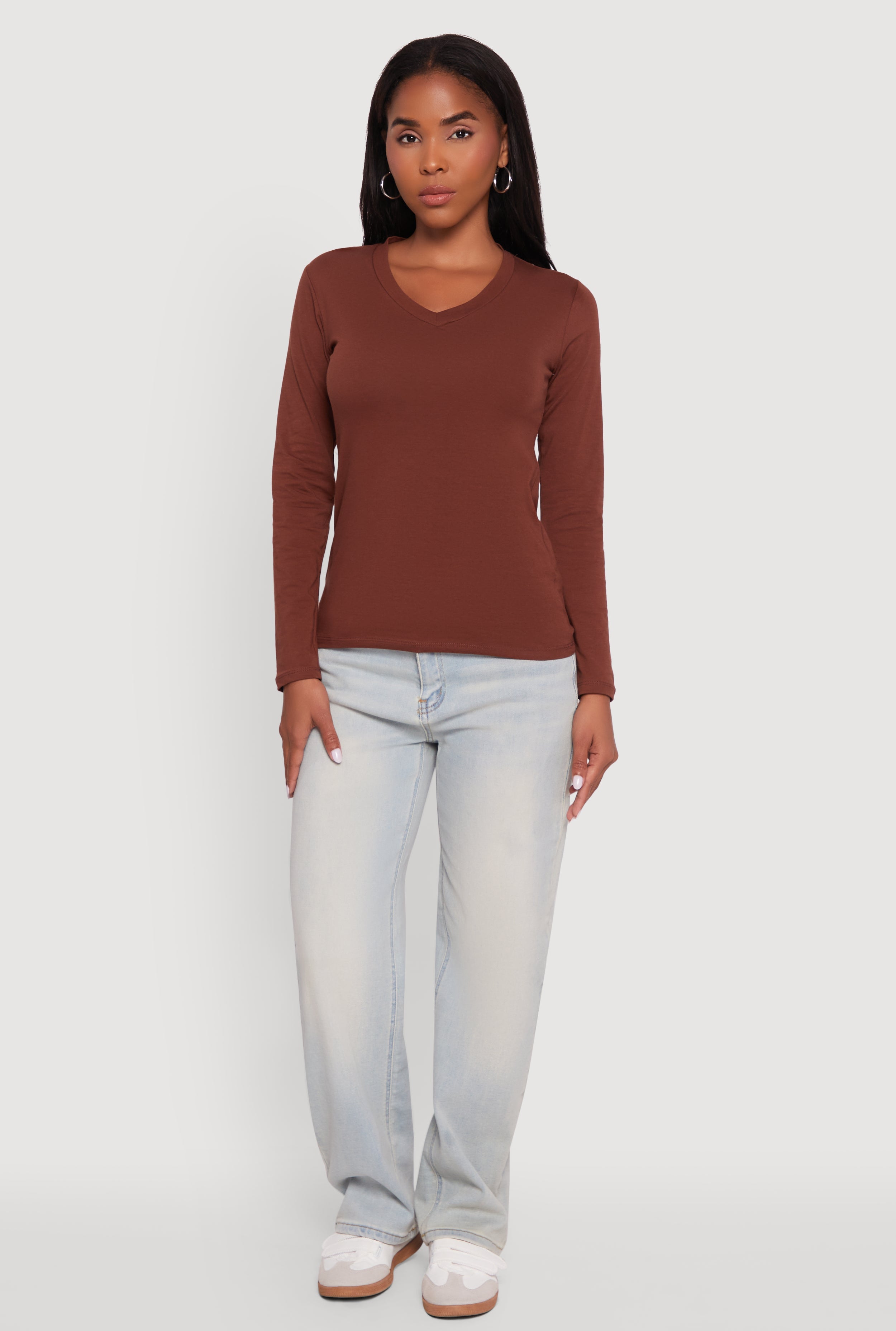 V-Neck Long Sleeve Solid T-Shirt