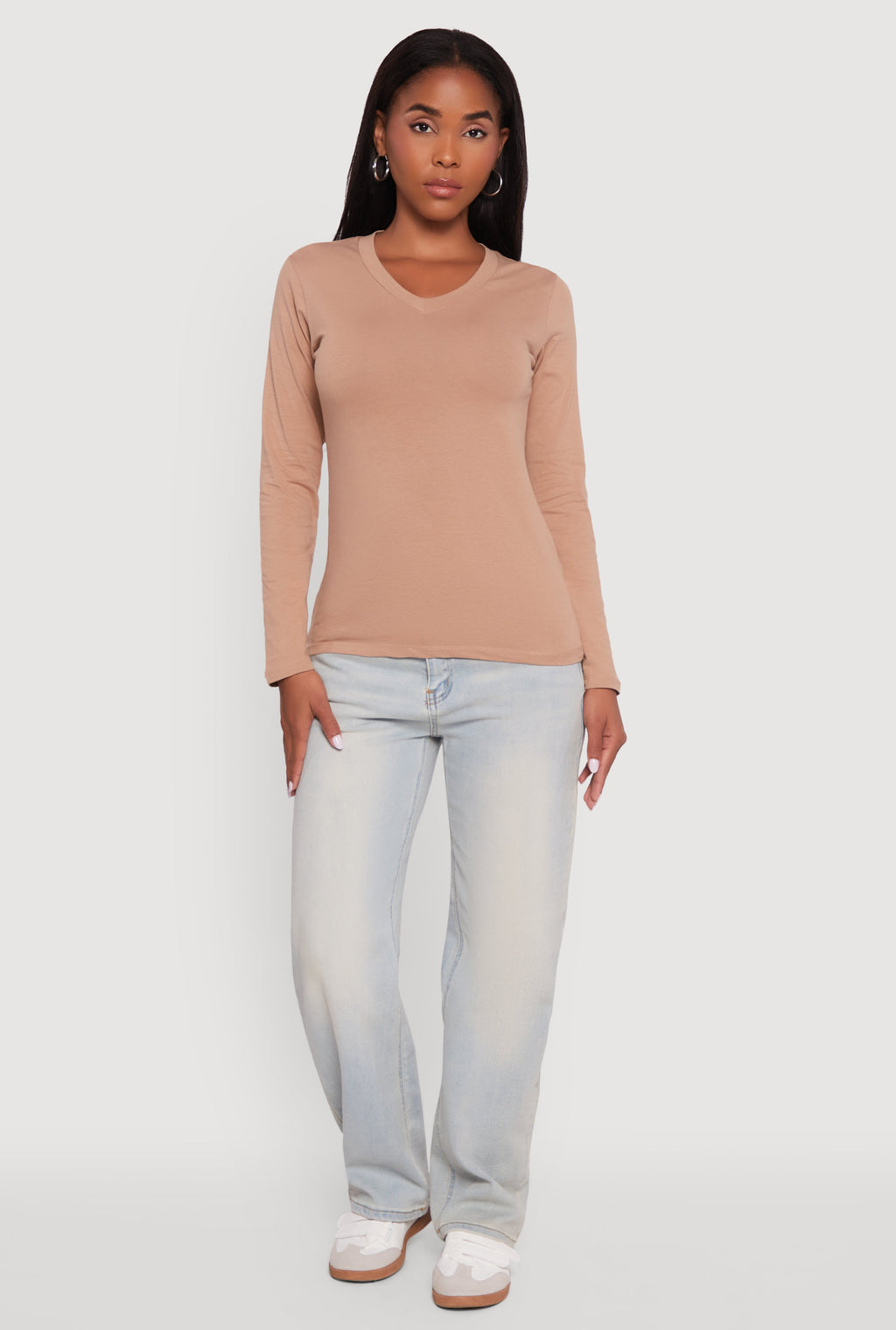 V-Neck Long Sleeve Solid T-Shirt