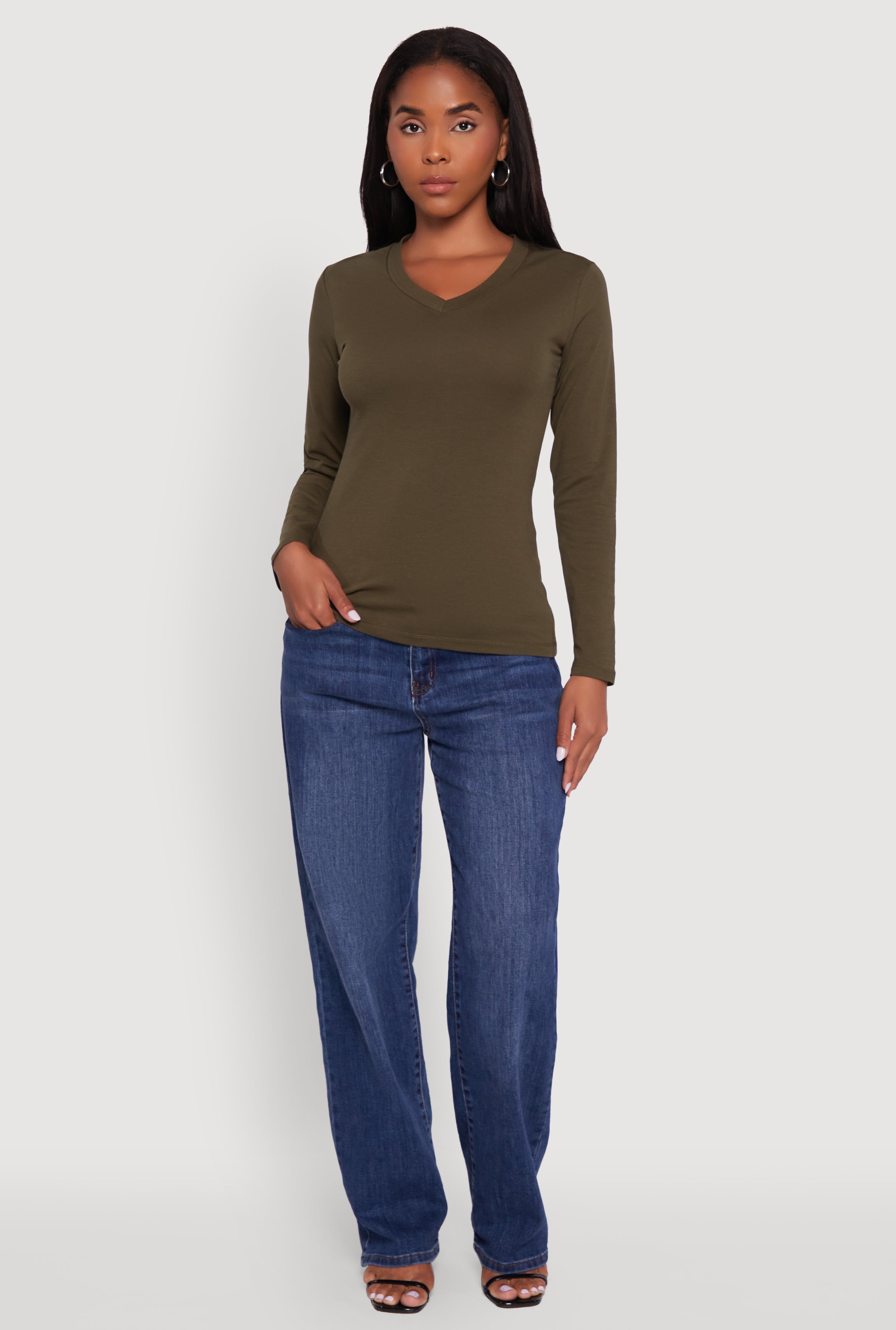 V-Neck Long Sleeve Solid T-Shirt