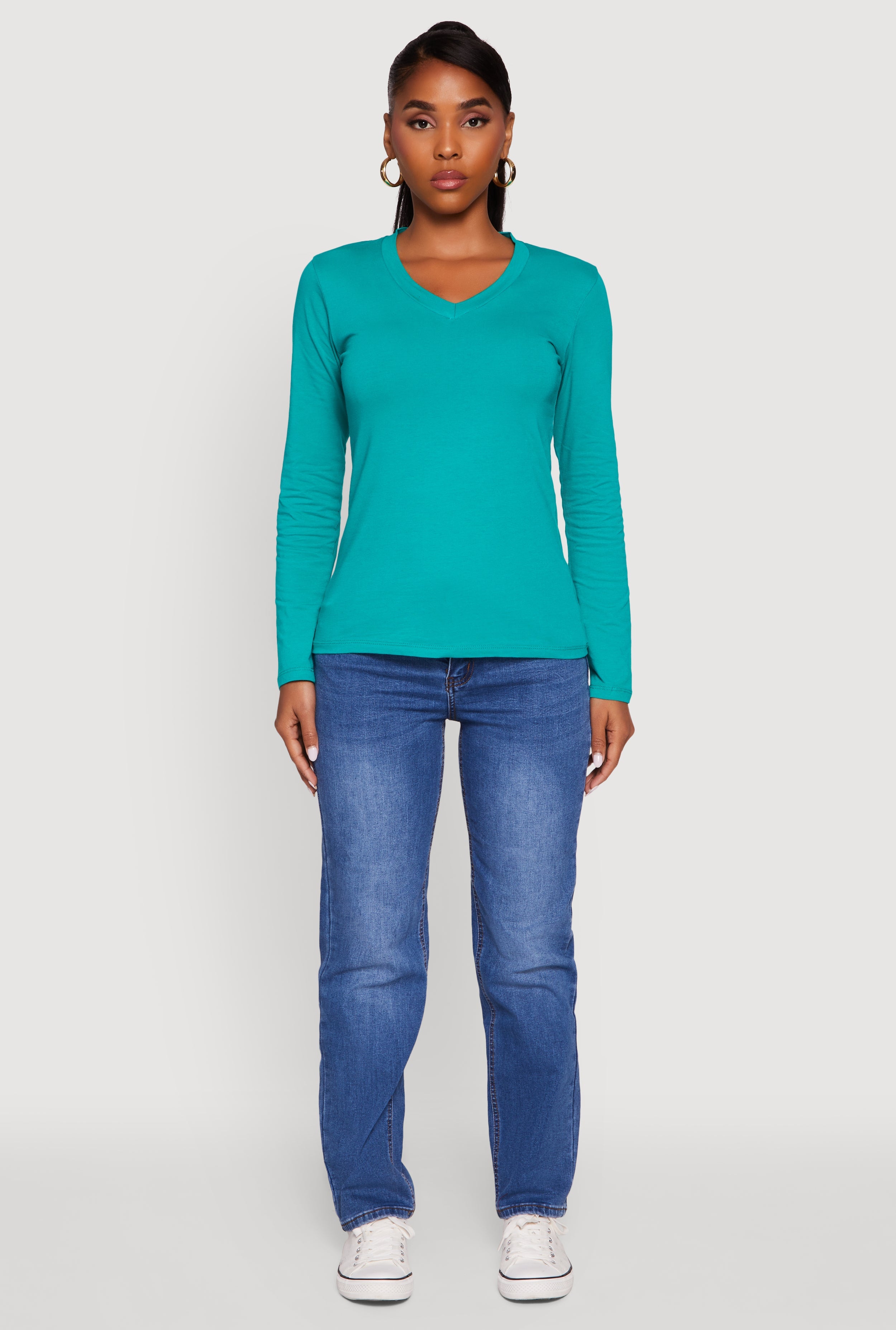 V-Neck Long Sleeve Solid T-Shirt