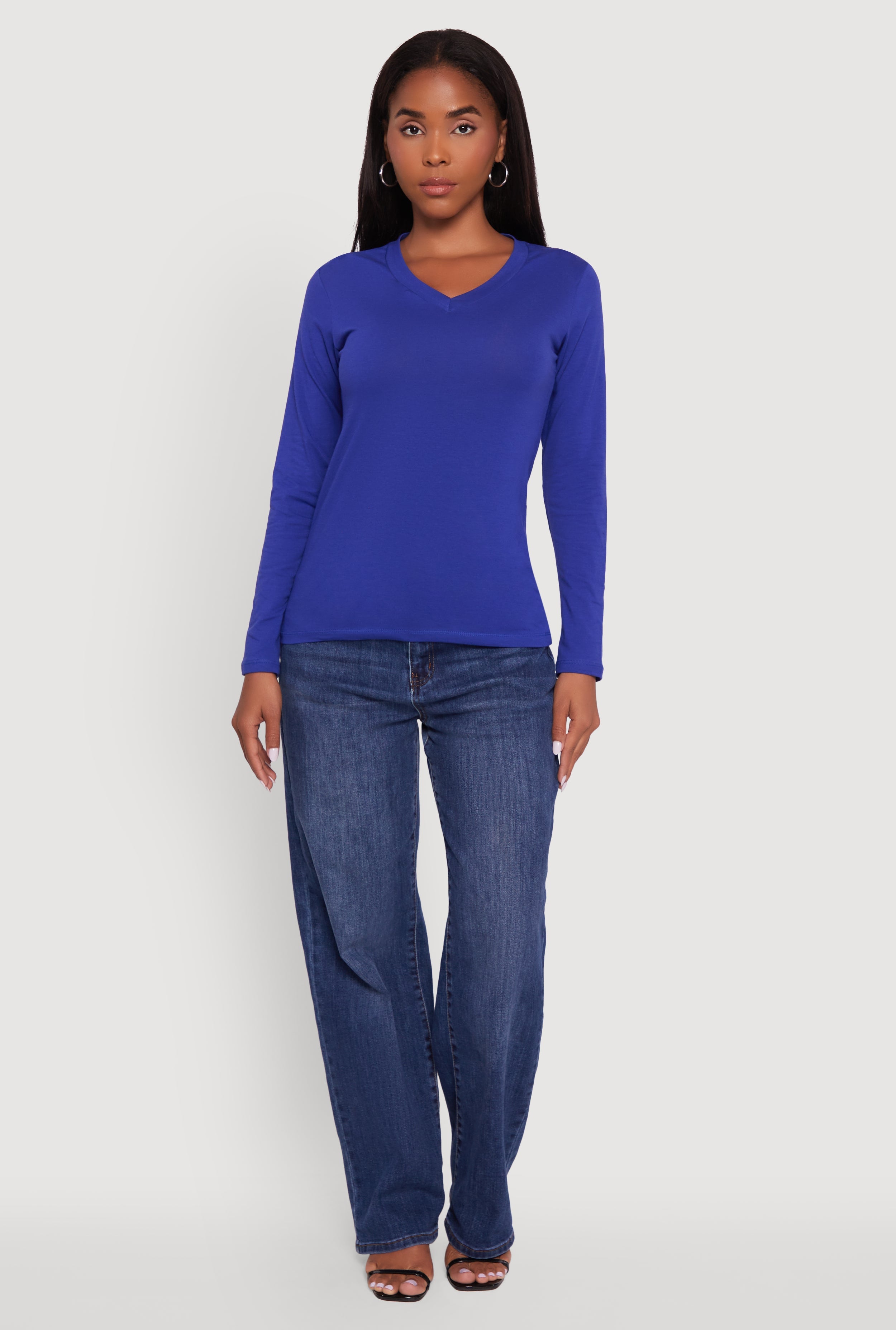 V-Neck Long Sleeve Solid T-Shirt