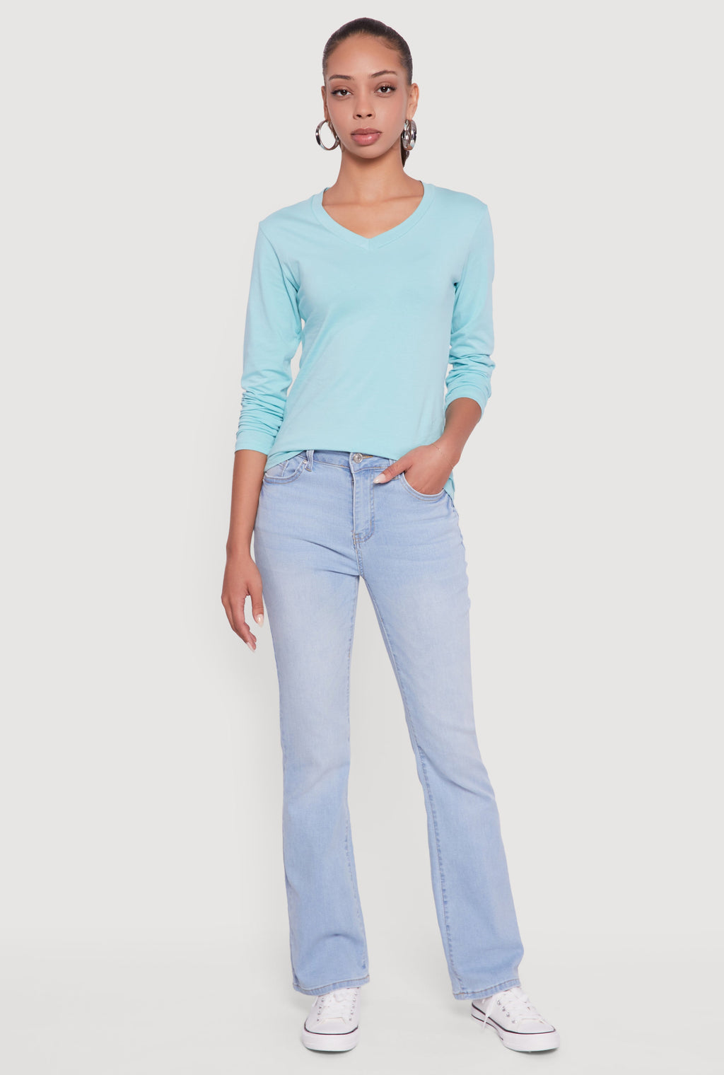 V-Neck Long Sleeve Solid T-Shirt