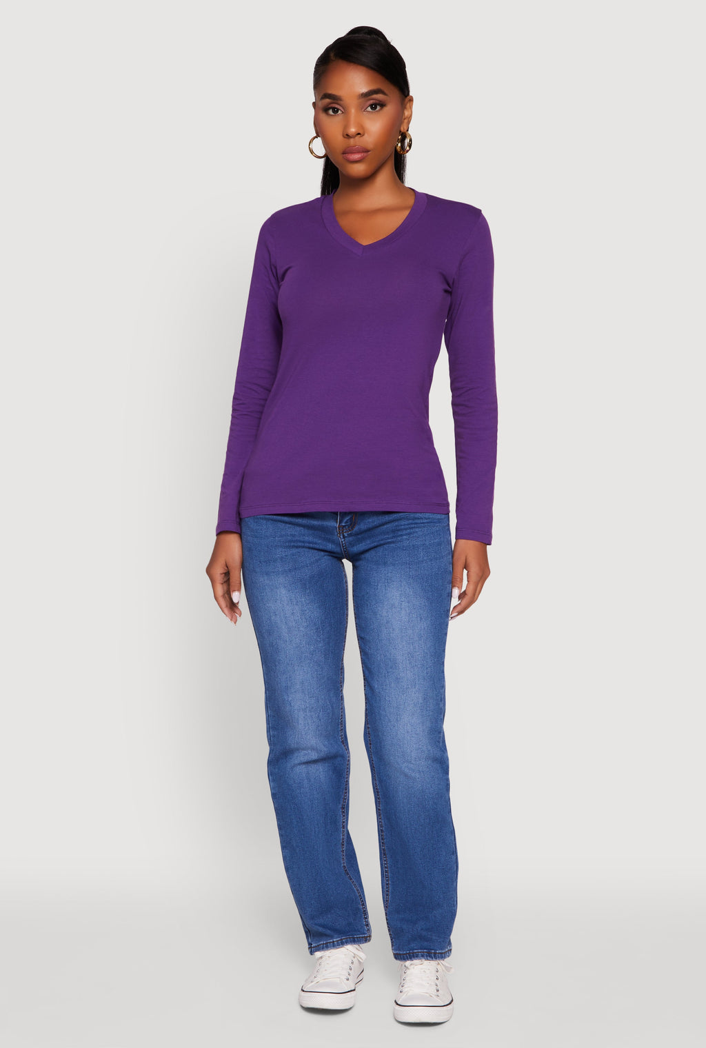 V-Neck Long Sleeve Solid T-Shirt