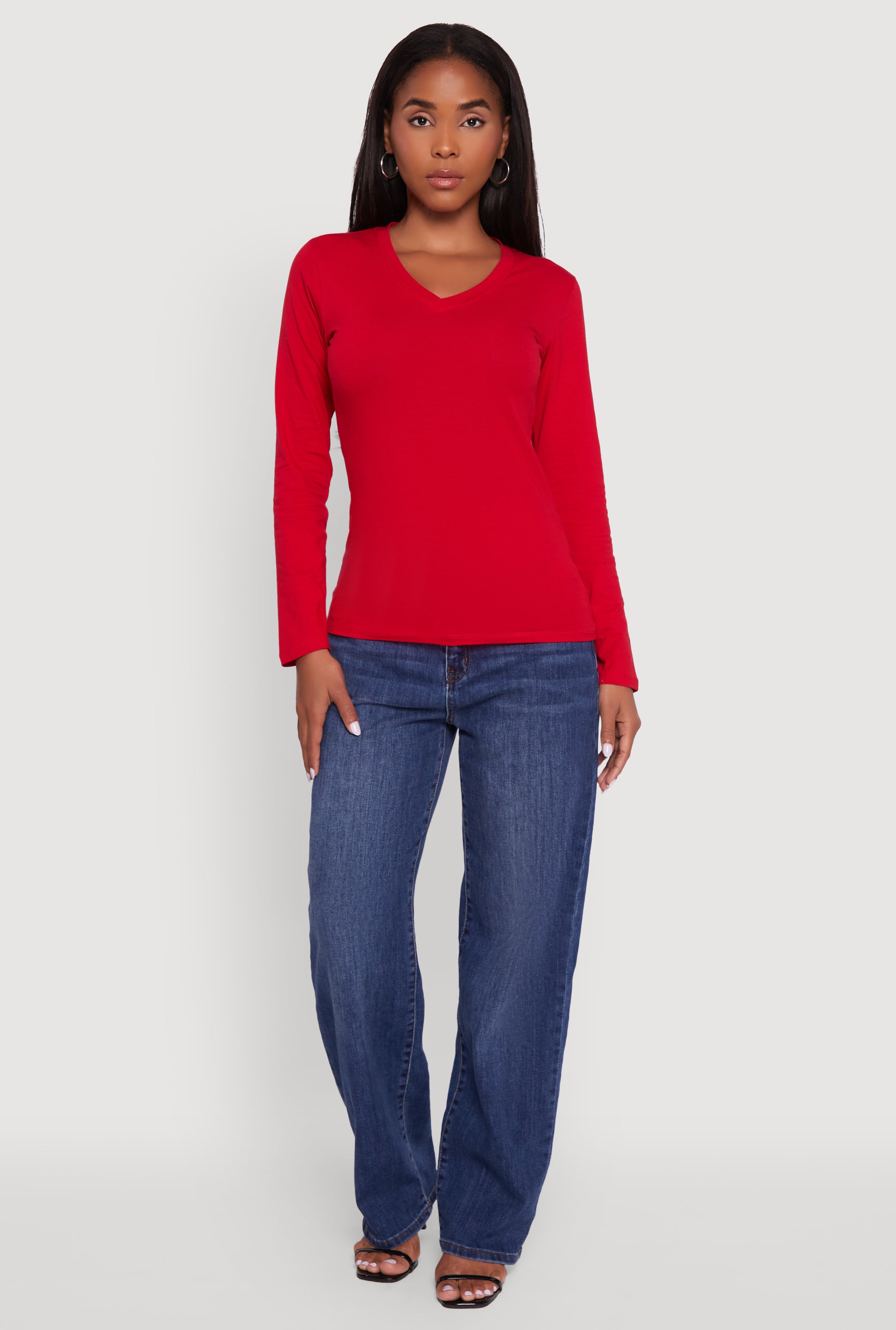 V-Neck Long Sleeve Solid T-Shirt