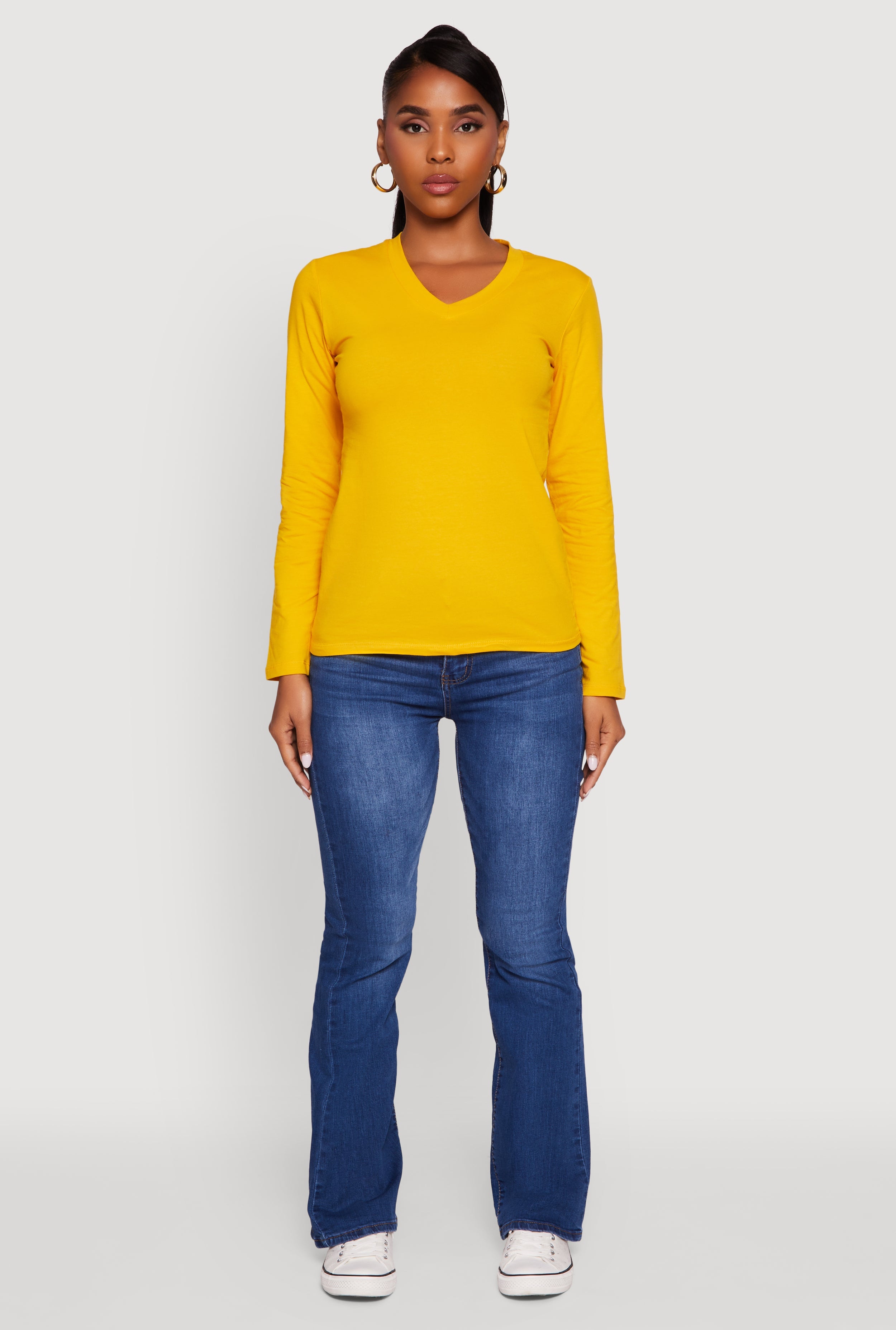 V-Neck Long Sleeve Solid T-Shirt