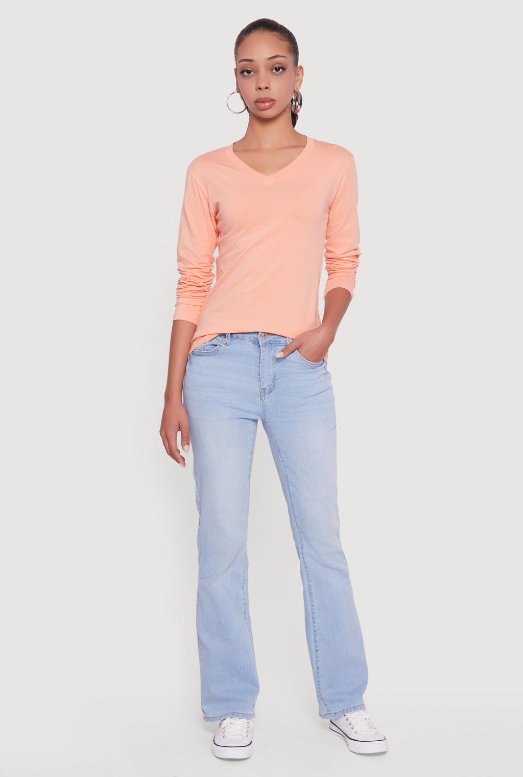 V-Neck Long Sleeve Solid T-Shirt