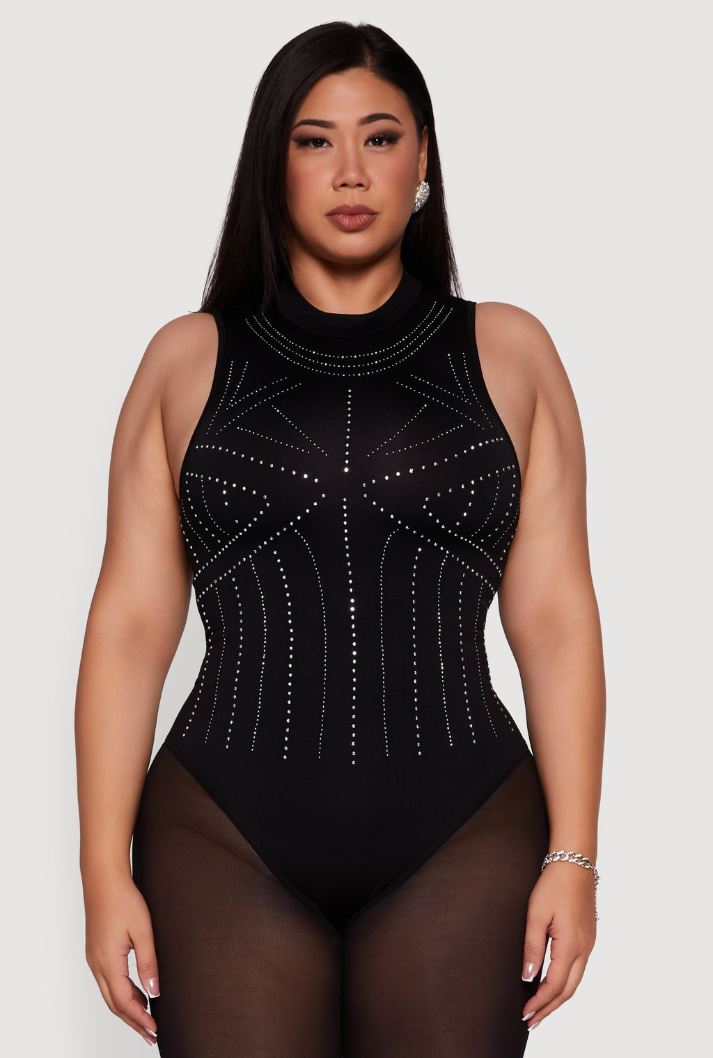 Plus Size Rhinestone Seamless High Neck Bodysuit